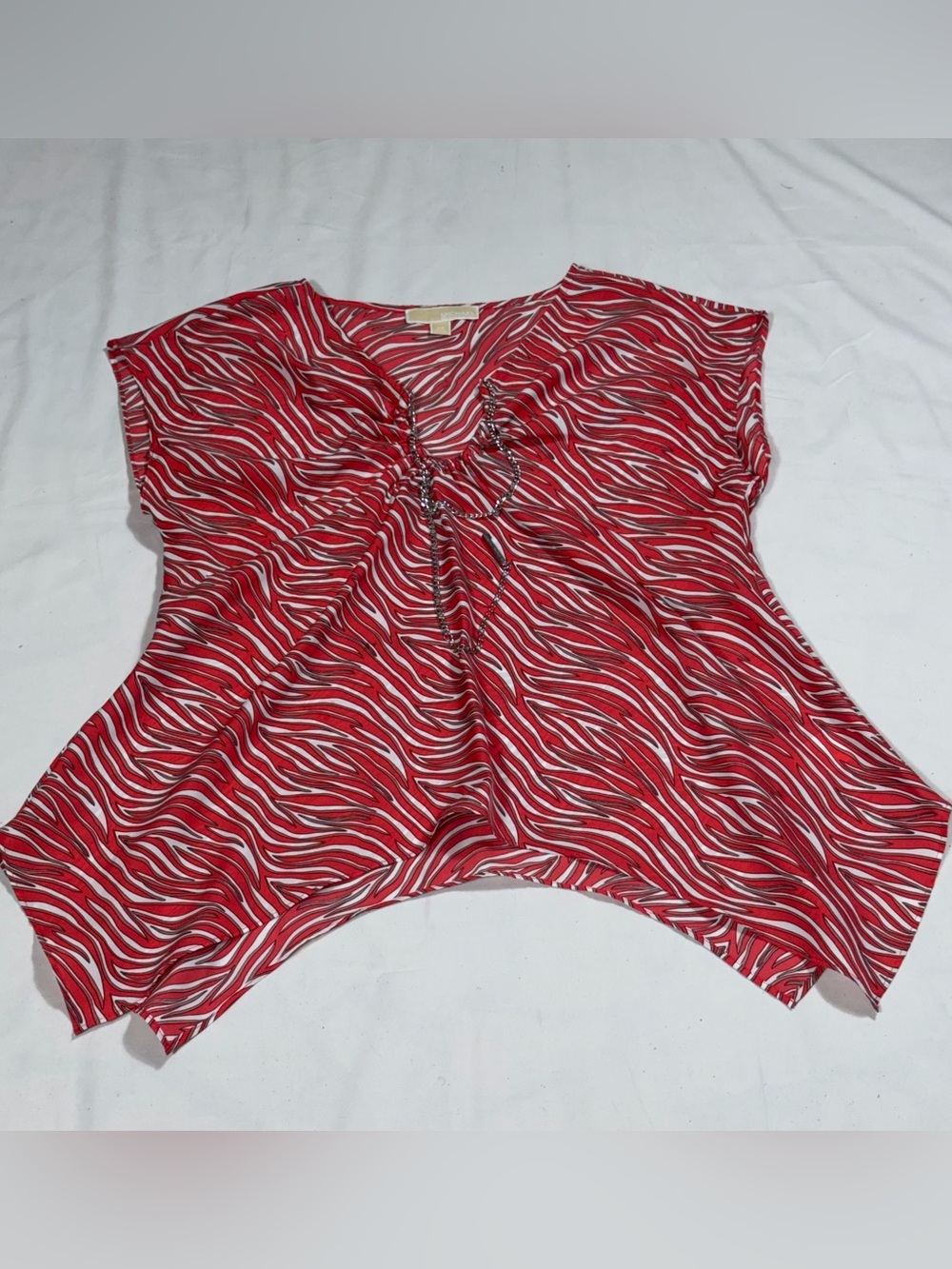 Michael Kors Geranium Red Zebra Print Chain Handkerchief Hem Blouse Top EUC P44